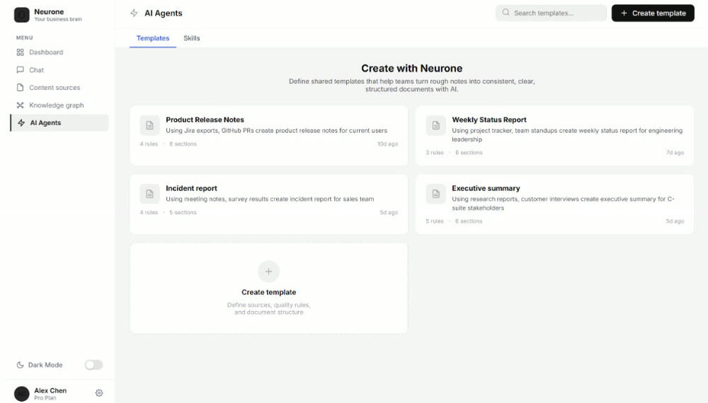 Neurone AI Agents — a grid of templates including Product Release Notes, Weekly Status Report, Incident Report and Executive Summary.