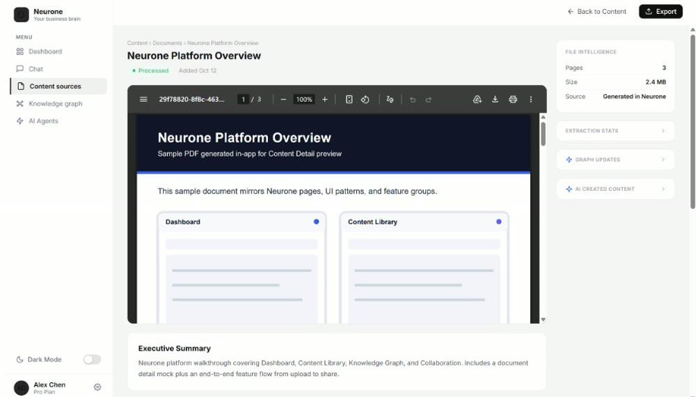 Neurone content detail — a processed PDF with a File Intelligence panel showing pages, size, source, extraction stats and AI-created content.